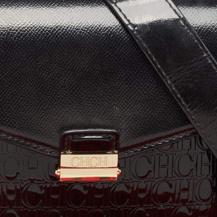 Pre Owned CH Carolina Herrera Black Monogram Embossed Patent Leather Push Lock Flap Top Handle Bag