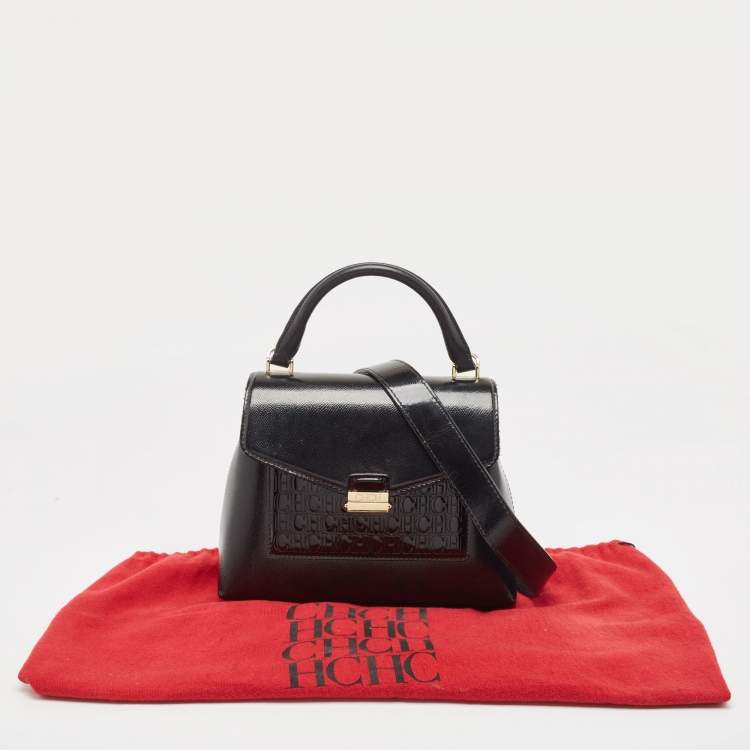 Pre Owned CH Carolina Herrera Black Monogram Embossed Patent Leather Push Lock Flap Top Handle Bag