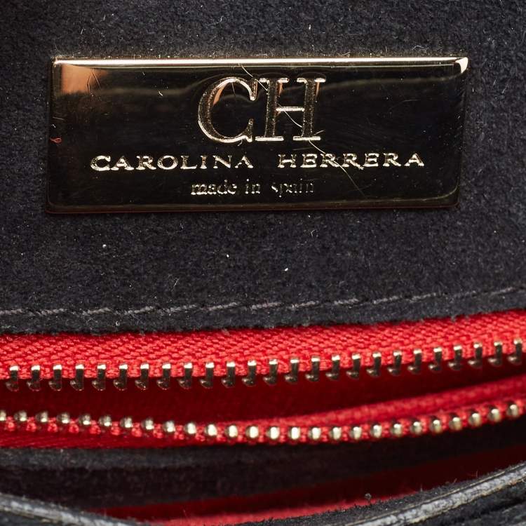 Pre Owned CH Carolina Herrera Black Monogram Embossed Patent Leather Push Lock Flap Top Handle Bag