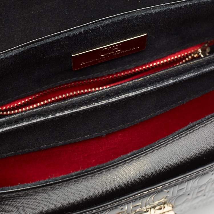 Pre Owned CH Carolina Herrera Black Monogram Embossed Patent Leather Push Lock Flap Top Handle Bag