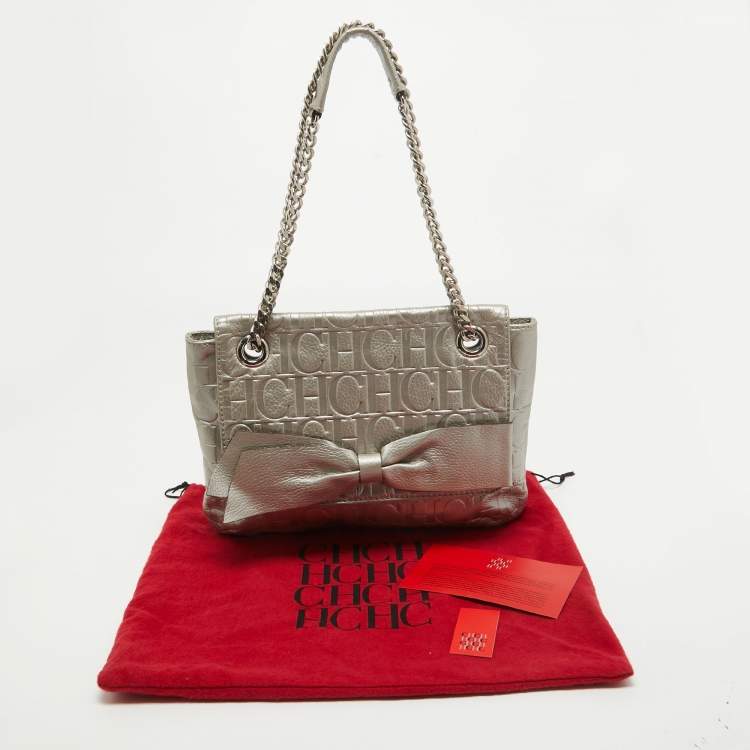 Pre Owned CH Carolina Herrera Grey Monogram Leather Audrey Shoulder Bag