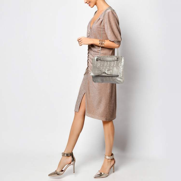 Pre Owned CH Carolina Herrera Grey Monogram Leather Audrey Shoulder Bag