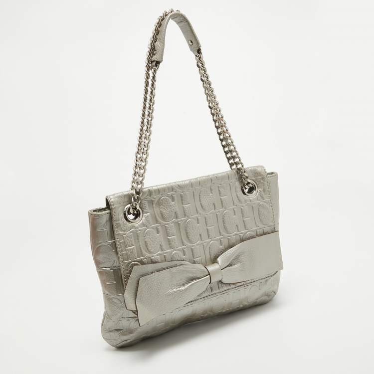 Pre Owned CH Carolina Herrera Grey Monogram Leather Audrey Shoulder Bag