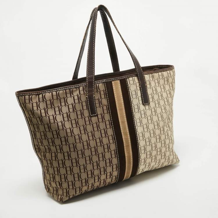Pre Owned CH Carolina Herrera Dark Brown/Two Tone Beige Monogram Canvas Shopper Tote
