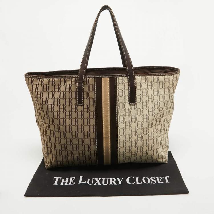 Pre Owned CH Carolina Herrera Dark Brown/Two Tone Beige Monogram Canvas Shopper Tote