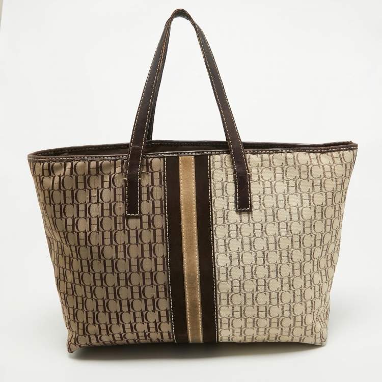 Pre Owned CH Carolina Herrera Dark Brown/Two Tone Beige Monogram Canvas Shopper Tote