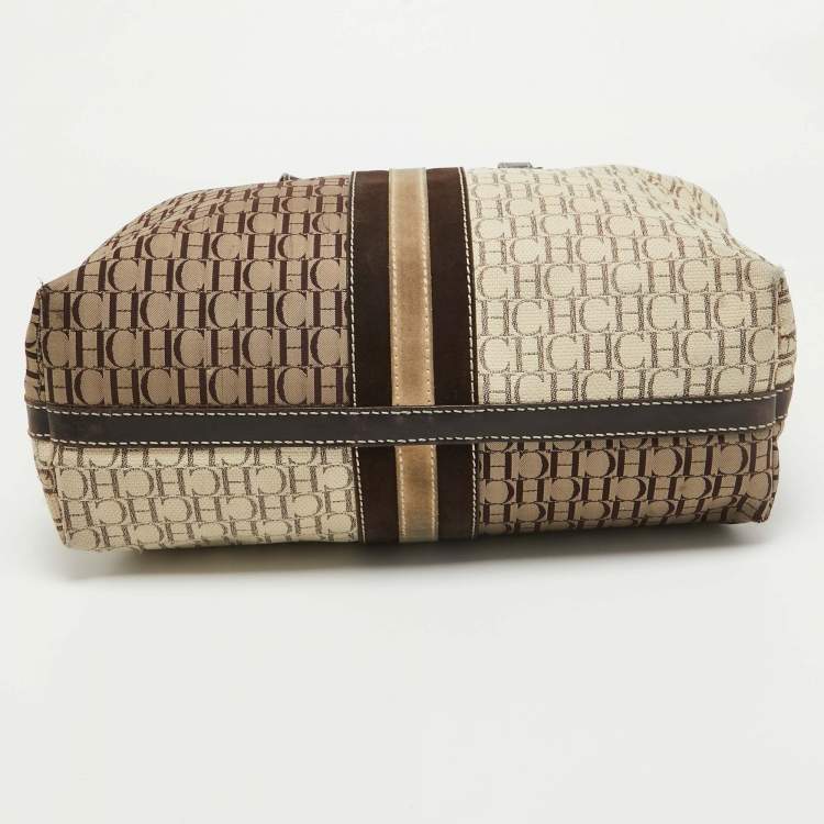 Pre Owned CH Carolina Herrera Dark Brown/Two Tone Beige Monogram Canvas Shopper Tote