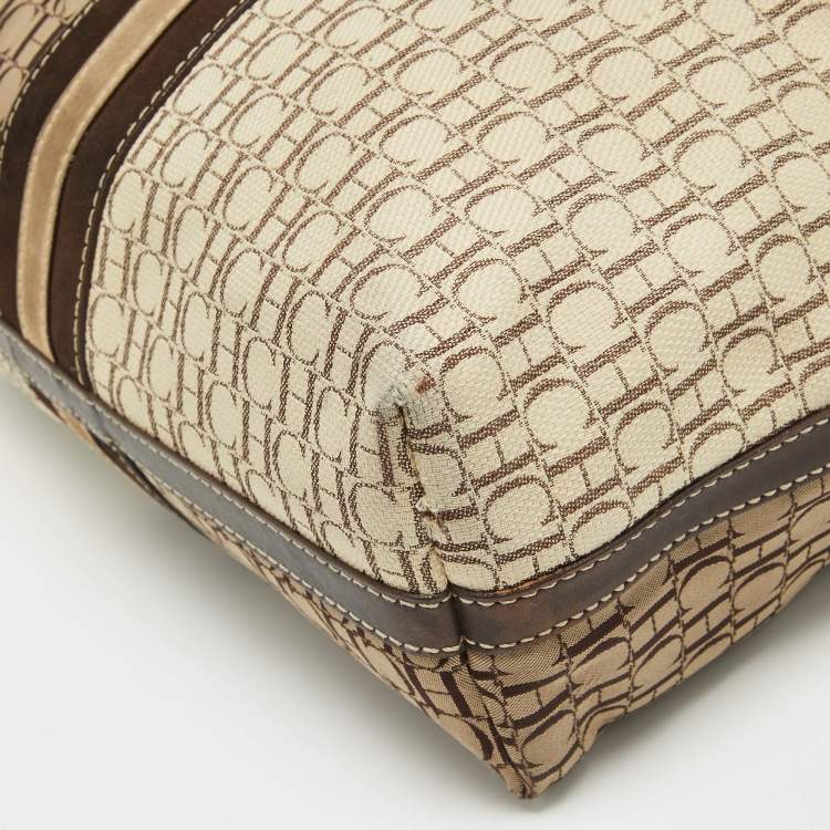 Pre Owned CH Carolina Herrera Dark Brown/Two Tone Beige Monogram Canvas Shopper Tote