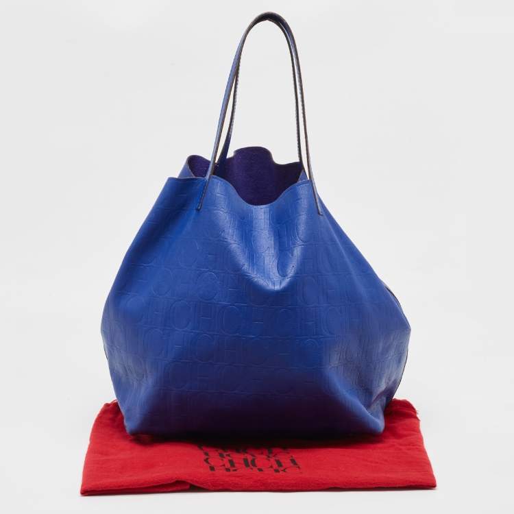 Pre Owned CH Carolina Herrera Blue Monogram Embossed Leather Large Matryoshka Tote
