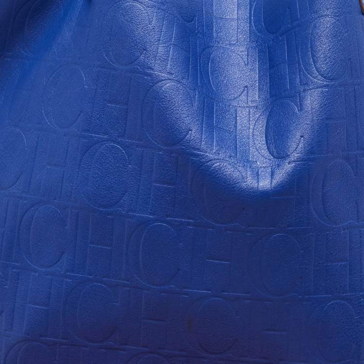 Pre Owned CH Carolina Herrera Blue Monogram Embossed Leather Large Matryoshka Tote