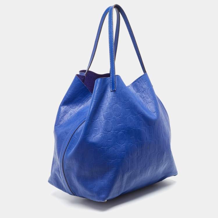 Pre Owned CH Carolina Herrera Blue Monogram Embossed Leather Large Matryoshka Tote