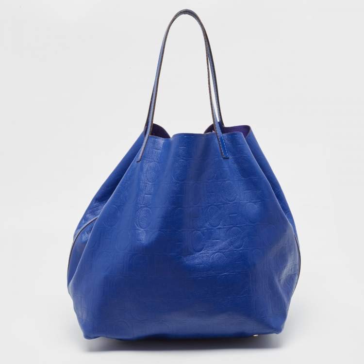 Pre Owned CH Carolina Herrera Blue Monogram Embossed Leather Large Matryoshka Tote