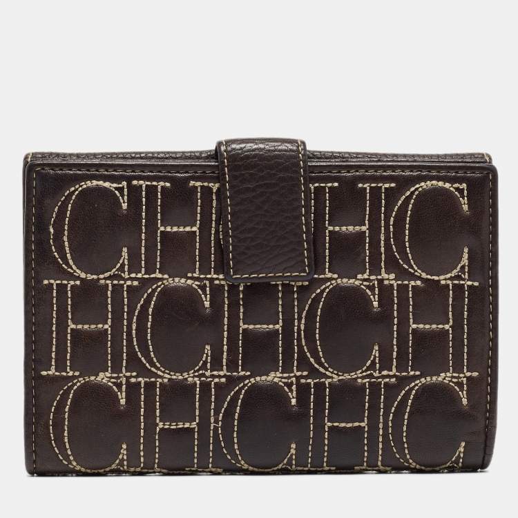 Pre Owned CH Carolina Herrera Choco Brown Monogram Leather Wallet