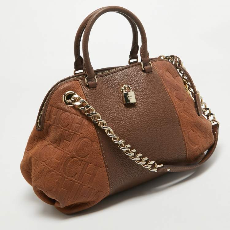 Pre Owned CH Carolina Herrera Two Tone Brown Monogram Leather Dome Satchel
