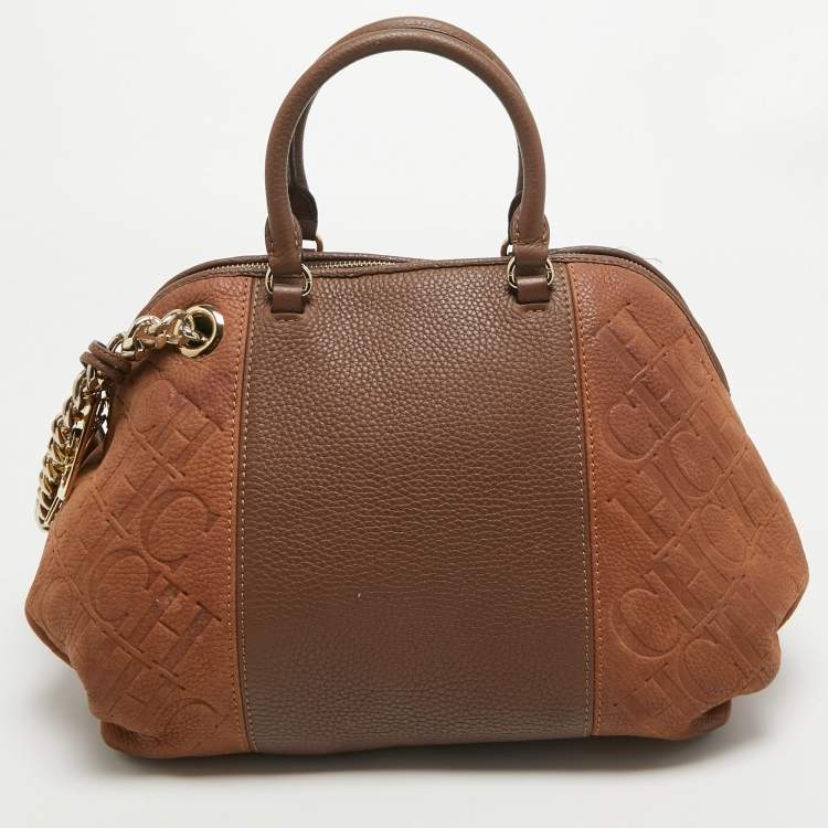 Pre Owned CH Carolina Herrera Two Tone Brown Monogram Leather Dome Satchel