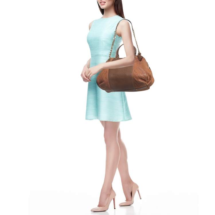 Pre Owned CH Carolina Herrera Two Tone Brown Monogram Leather Dome Satchel