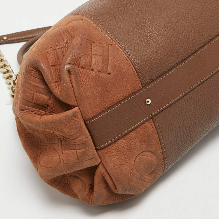 Pre Owned CH Carolina Herrera Two Tone Brown Monogram Leather Dome Satchel