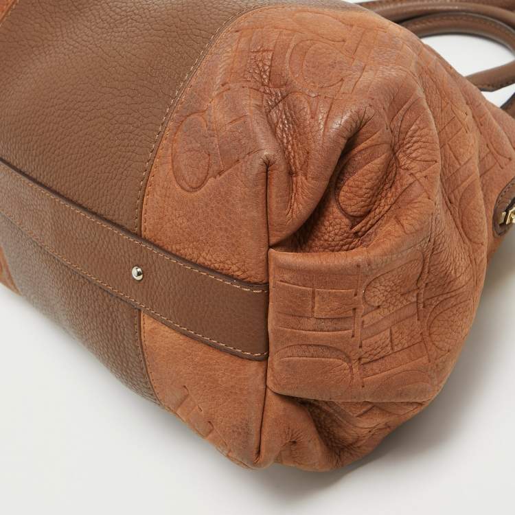 Pre Owned CH Carolina Herrera Two Tone Brown Monogram Leather Dome Satchel