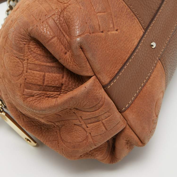 Pre Owned CH Carolina Herrera Two Tone Brown Monogram Leather Dome Satchel