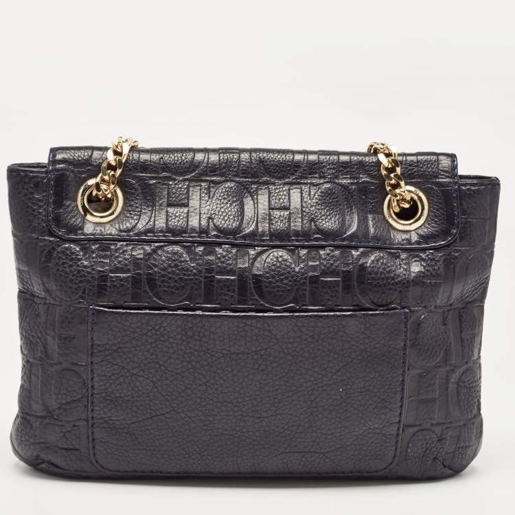 Pre Owned CH Carolina Herrera Navy Blue Monogram Leather Audrey Shoulder Bag