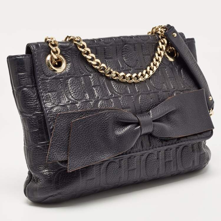 Pre Owned CH Carolina Herrera Navy Blue Monogram Leather Audrey Shoulder Bag