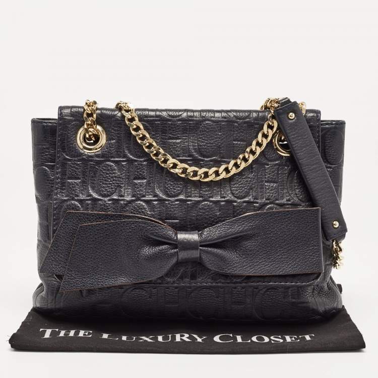 Pre Owned CH Carolina Herrera Navy Blue Monogram Leather Audrey Shoulder Bag