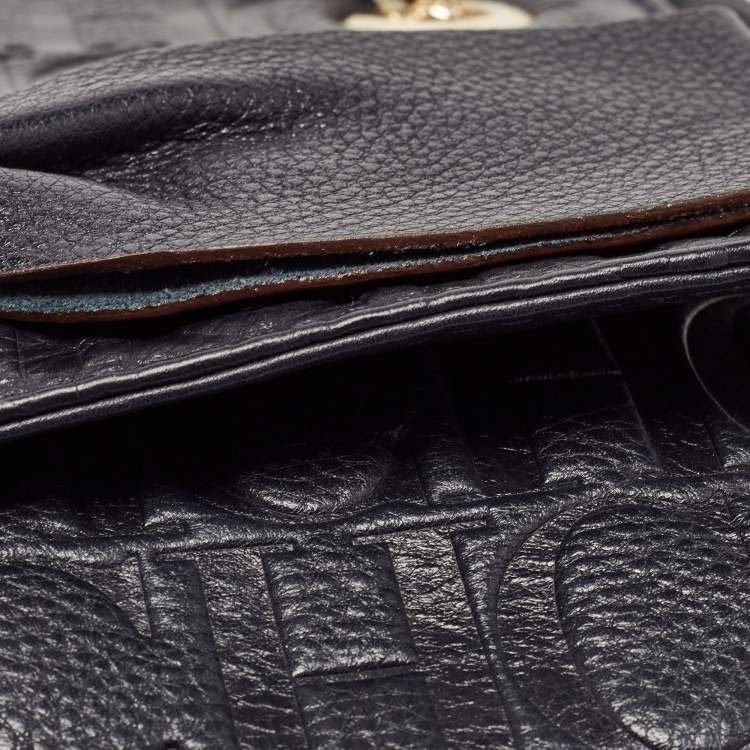 Pre Owned CH Carolina Herrera Navy Blue Monogram Leather Audrey Shoulder Bag