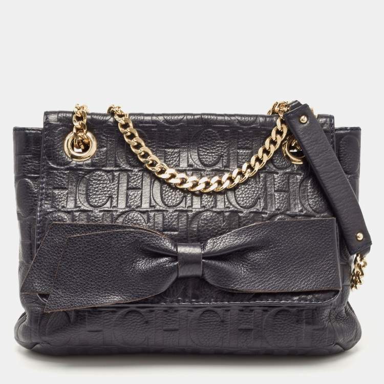 Pre Owned CH Carolina Herrera Navy Blue Monogram Leather Audrey Shoulder Bag