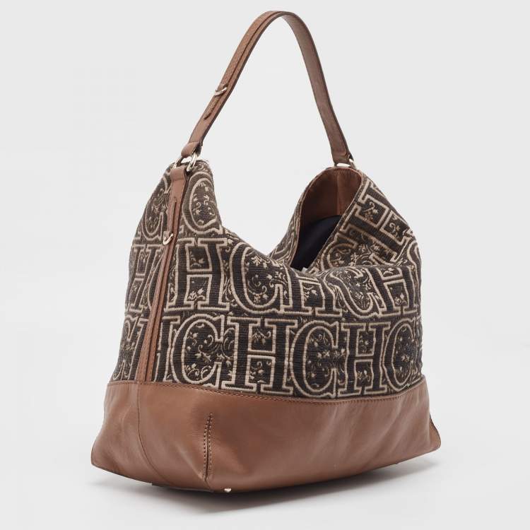 Pre Owned CH Carolina Herrera Brown/Black Monogram Fabric and Leather Hobo