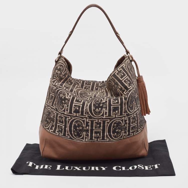 Pre Owned CH Carolina Herrera Brown/Black Monogram Fabric and Leather Hobo