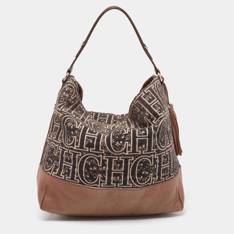 Pre Owned CH Carolina Herrera Brown/Black Monogram Fabric and Leather Hobo