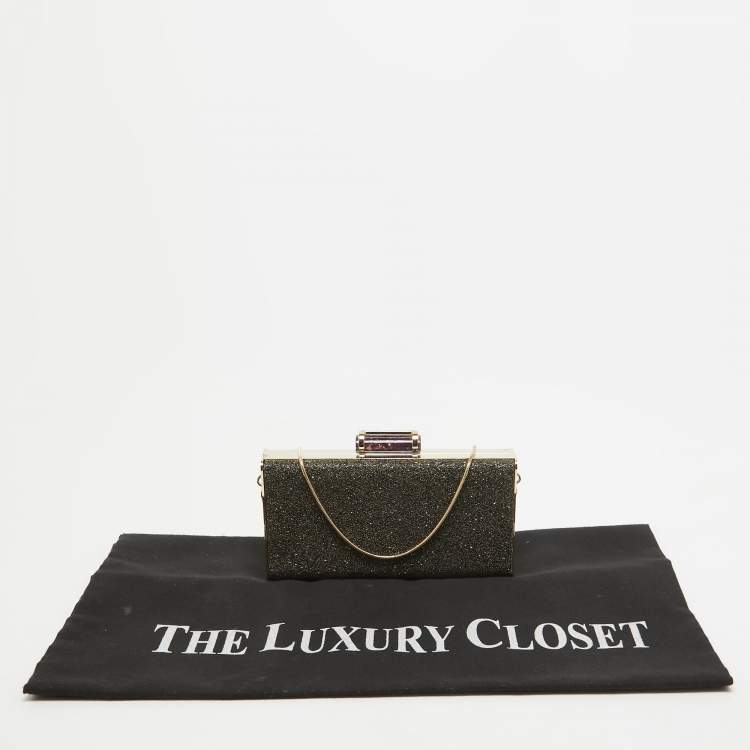 Pre Owned CH Carolina Herrera Gold Glitter Small Scala Insignia Chain Clutch