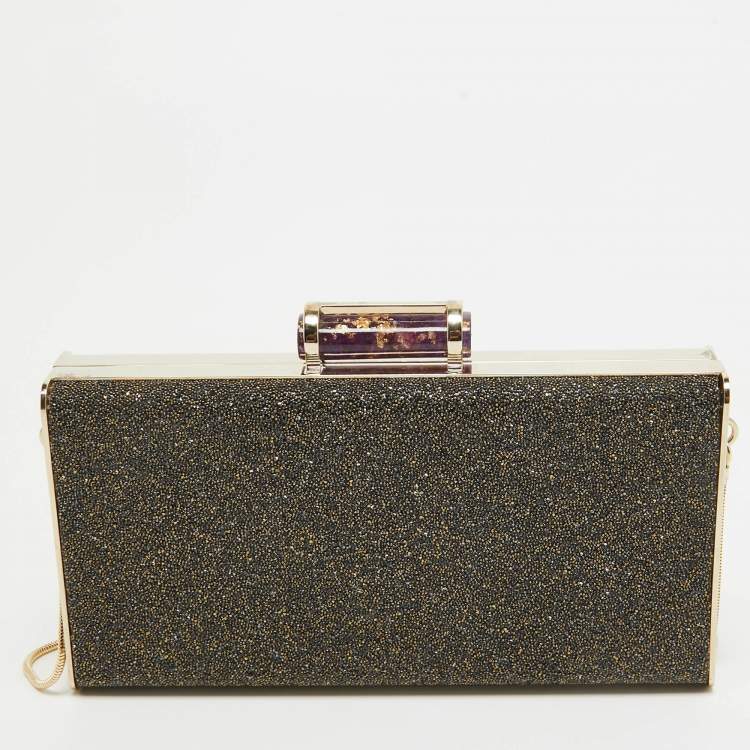 Pre Owned CH Carolina Herrera Gold Glitter Small Scala Insignia Chain Clutch