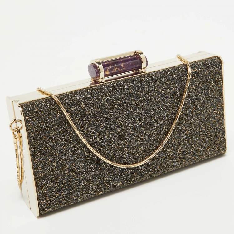 Pre Owned CH Carolina Herrera Gold Glitter Small Scala Insignia Chain Clutch