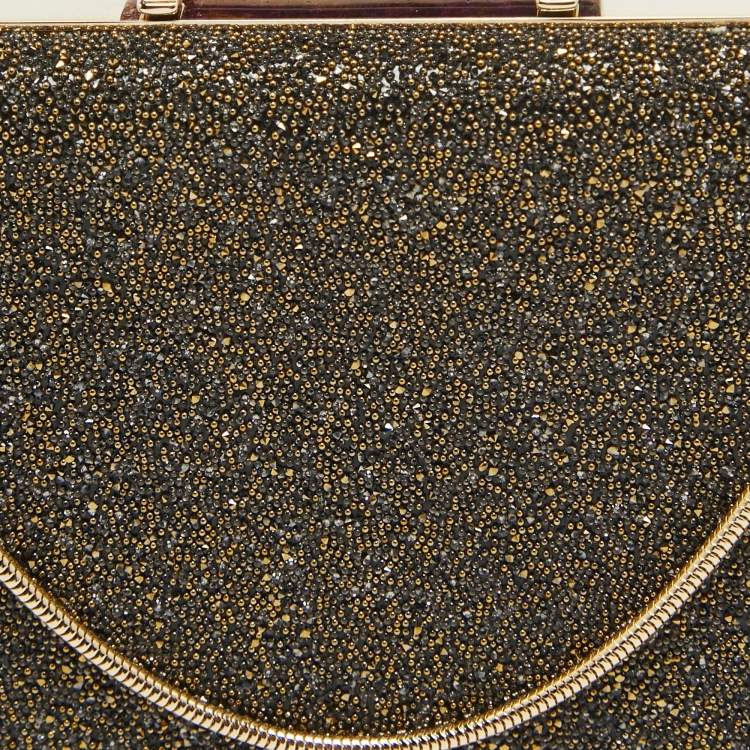 Pre Owned CH Carolina Herrera Gold Glitter Small Scala Insignia Chain Clutch