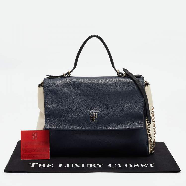 Pre Owned Carolina Herrera Navy Blue/White Leather Minuetto Top Handle Bag