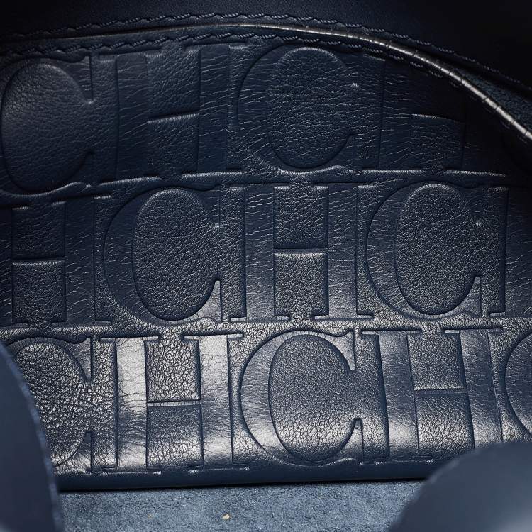 Pre Owned Carolina Herrera Navy Blue/White Leather Minuetto Top Handle Bag
