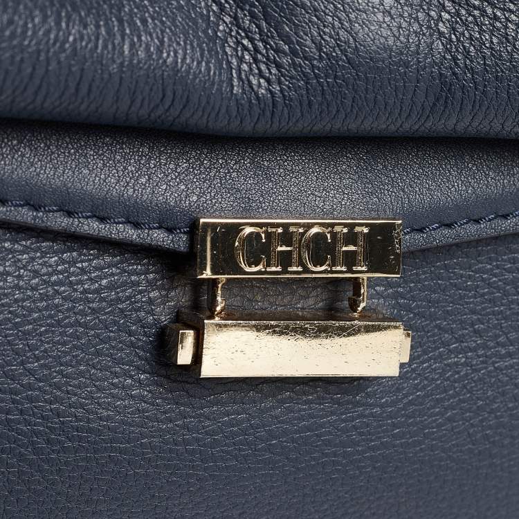 Pre Owned Carolina Herrera Navy Blue/White Leather Minuetto Top Handle Bag