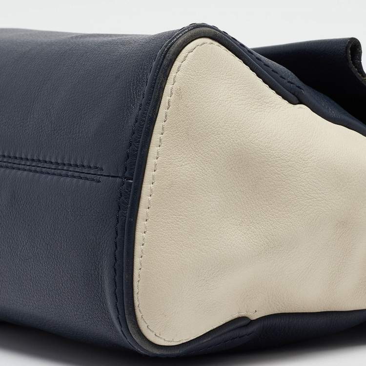 Pre Owned Carolina Herrera Navy Blue/White Leather Minuetto Top Handle Bag