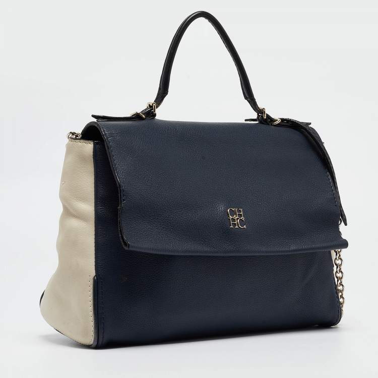 Pre Owned Carolina Herrera Navy Blue/White Leather Minuetto Top Handle Bag