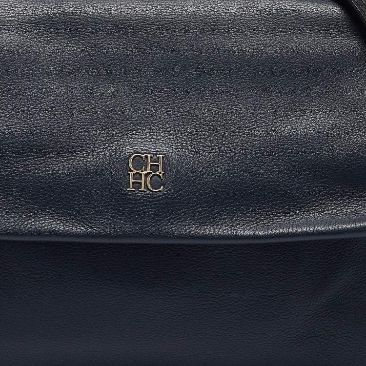 Pre Owned Carolina Herrera Navy Blue/White Leather Minuetto Top Handle Bag