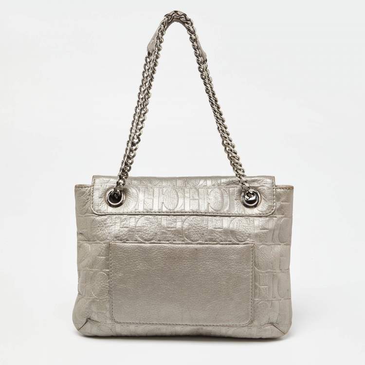 Pre Owned CH Carolina Herrera Silver Monogram Embossed Leather Audrey Shoulder Bag