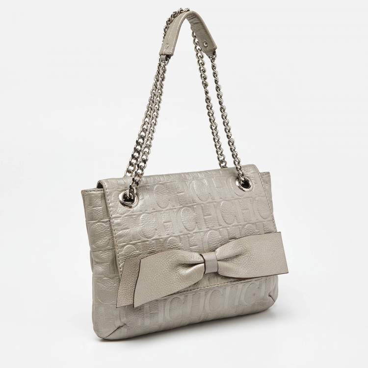 Pre Owned CH Carolina Herrera Silver Monogram Embossed Leather Audrey Shoulder Bag