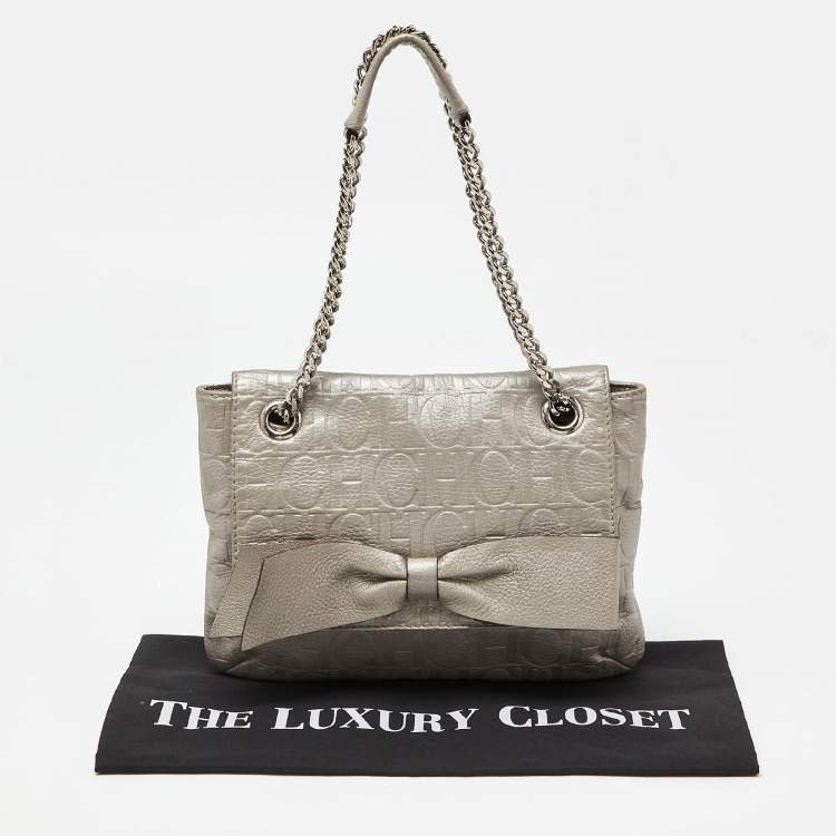 Pre Owned CH Carolina Herrera Silver Monogram Embossed Leather Audrey Shoulder Bag