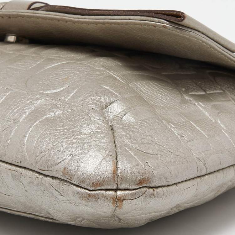 Pre Owned CH Carolina Herrera Silver Monogram Embossed Leather Audrey Shoulder Bag
