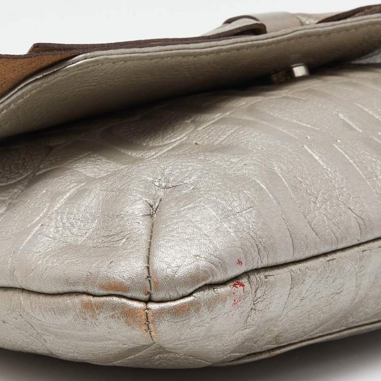 Pre Owned CH Carolina Herrera Silver Monogram Embossed Leather Audrey Shoulder Bag