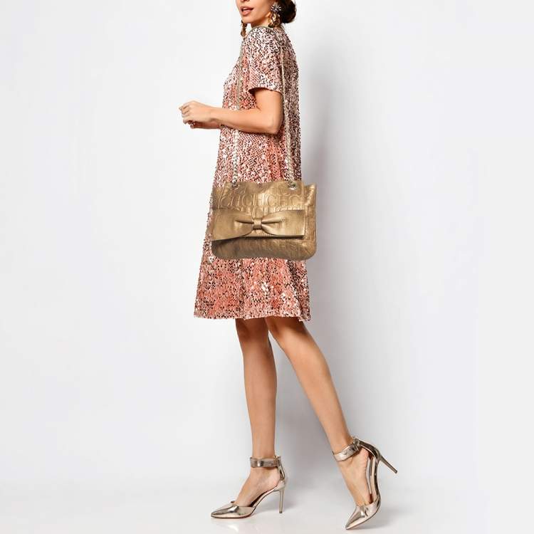 Pre Owned CH Carolina Herrera Gold Monogram Leather Audrey Shoulder Bag