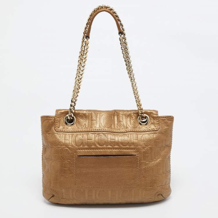 Pre Owned CH Carolina Herrera Gold Monogram Leather Audrey Shoulder Bag