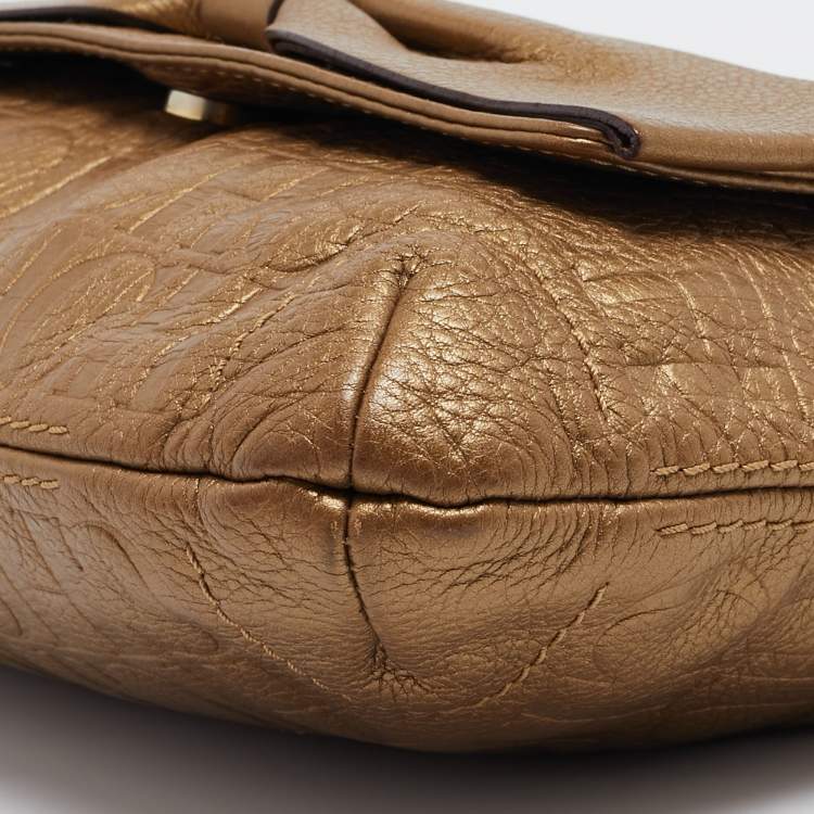 Pre Owned CH Carolina Herrera Gold Monogram Leather Audrey Shoulder Bag