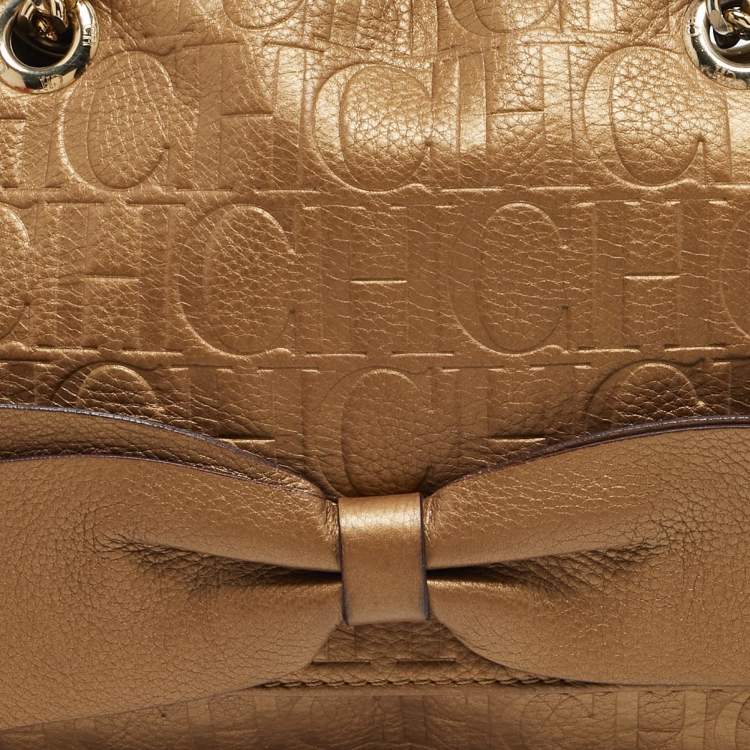 Pre Owned CH Carolina Herrera Gold Monogram Leather Audrey Shoulder Bag